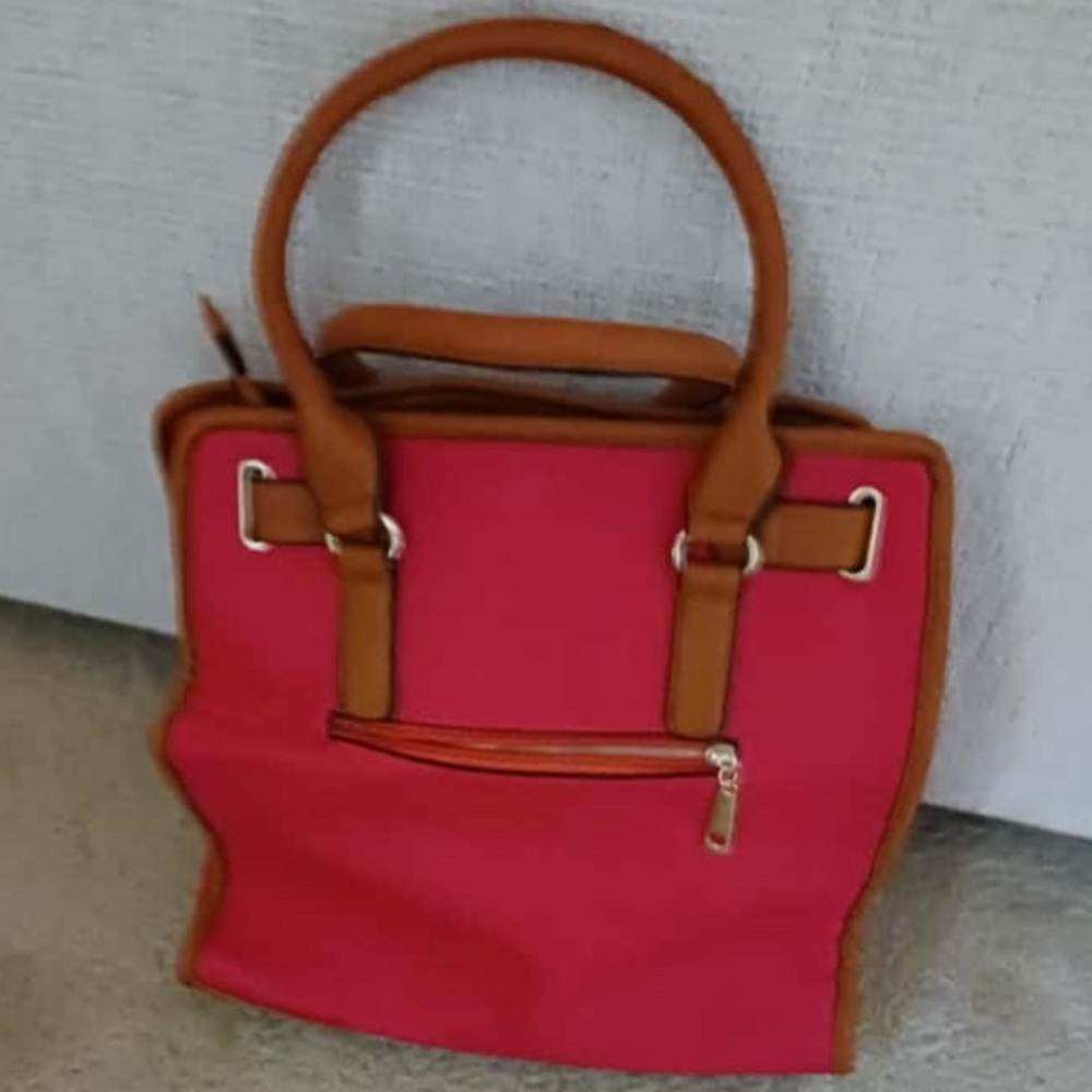 Reddish Coral and Tan MK Satchel with Structured Design - Picture 2 of 7